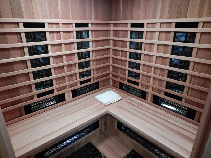 FS 160 Deluxe Hoekmodel Cerderhouten Infrarood Sauna met glasdeur - Finesse Wellness BV